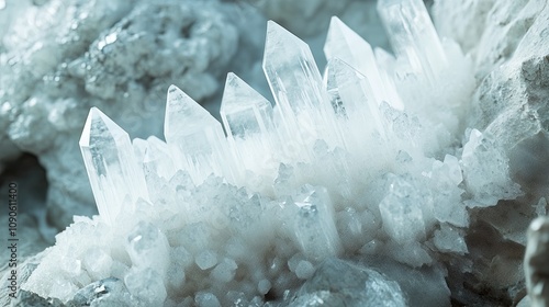 Close-up of shimmering clear quartz crystals arranged on a rocky surface, showcasing their natural brilliance.