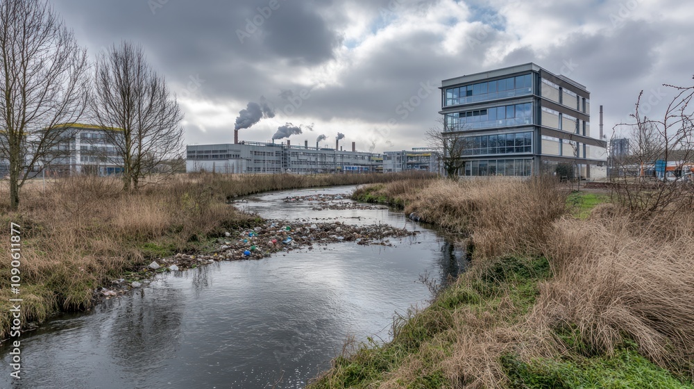 Fototapeta premium Industrial landscape with a polluted river and modern buildings in the background.