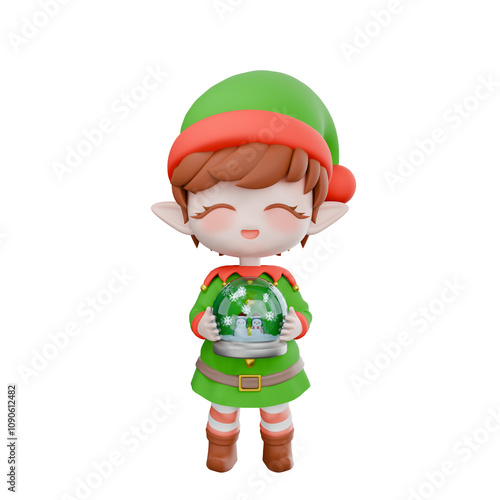 Festive Holiday Cartoon Elf Chibi. A male Chibi elf standing with both hands holding a snow globe toy, smiling expression with eyes closed. Christmas 3D Design