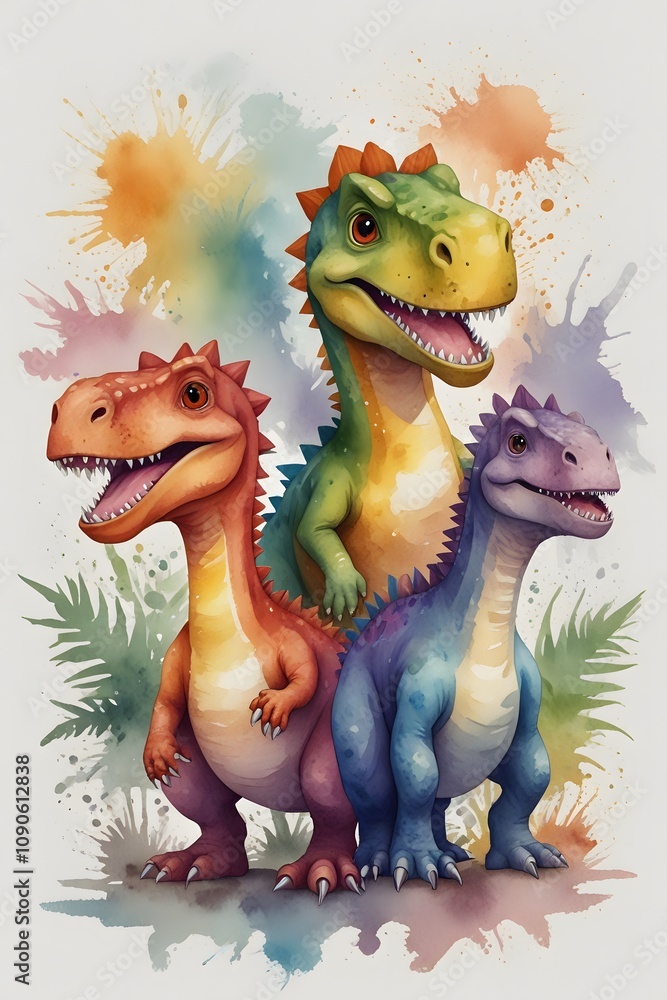 Fototapeta premium Colorful cartoon dinosaurs in watercolor style