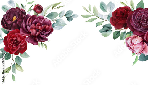 Watercolor Floral Corner Border Deep Burgundy Roses and Red Peony with Greenery for Elegant Wedding Cards