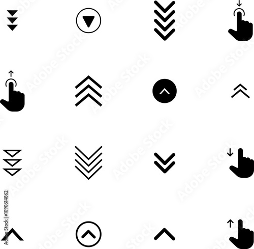 Swipe up, down icon set. Arrow down or up button symbol. Swipe down icons for social media stories. Scroll down pictogram. Vector