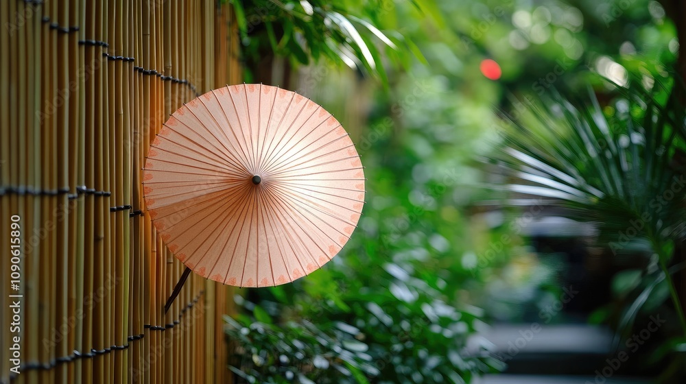 Obraz premium Elegant Traditional Umbrella Against a Bamboo Fence Surrounded by Lush Greenery in a Tranquil Outdoor Setting Ideal for Nature and Relaxation Themes