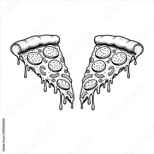 Hand-Drawn Pizza Slice with Cheese Dripping - Vector, PNG, EPS