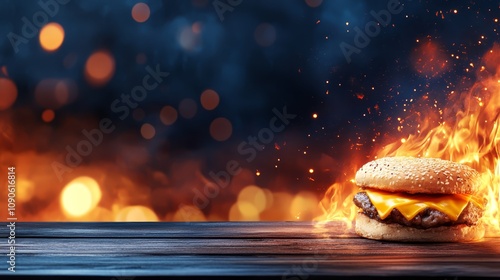 Fiery hamburger spectacle, grilled engulfed in flames juicy