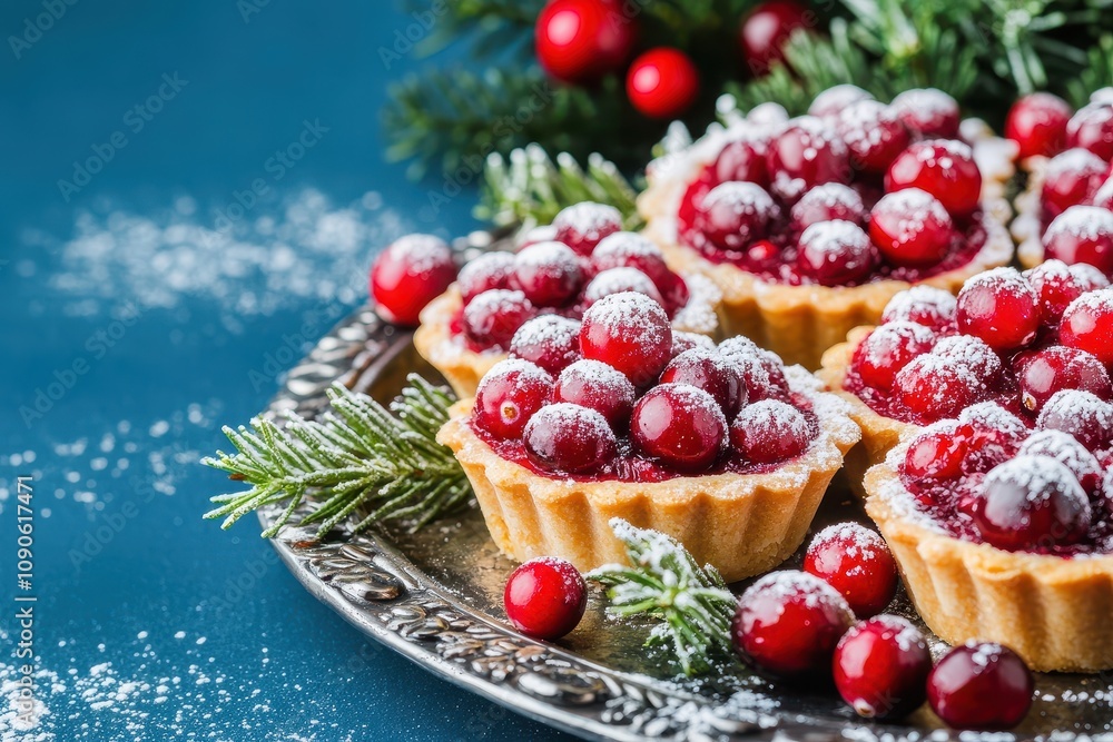 Fototapeta premium Vibrant cranberry tartlets elegantly arranged on a silver platter, a delightful treat for any occasion.