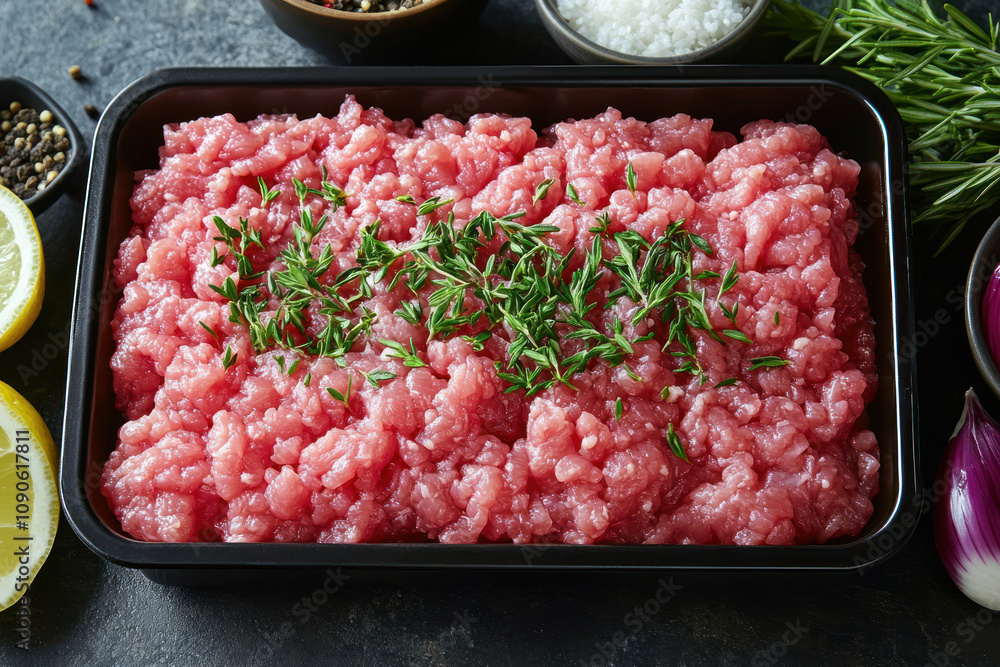 fresh minced meat in a container, decorated with herbs (rosemary sprigs). fresh minced meat in a container, decorated with herbs (rosemary sprigs).