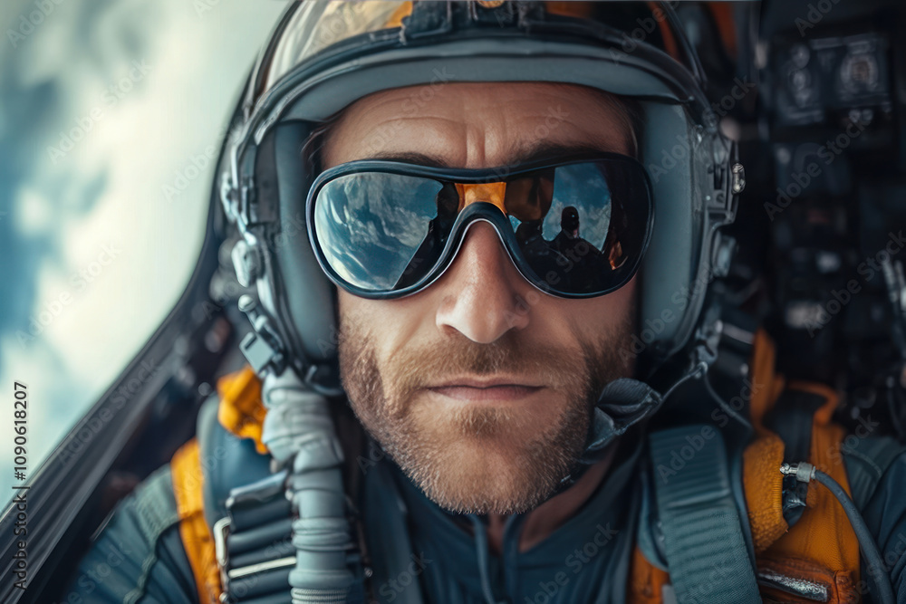 Close-up of a pilot wearing goggles and a helmet, sitting in the cockpit of an airplane. Close-up of a pilot wearing goggles and a helmet, sitting in the cockpit of an airplane.
