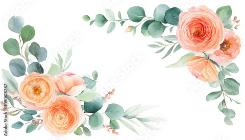 Watercolor Floral Corner Border Orange and Peach Floral Arrangement with Eucalyptus for Wedding Invitations