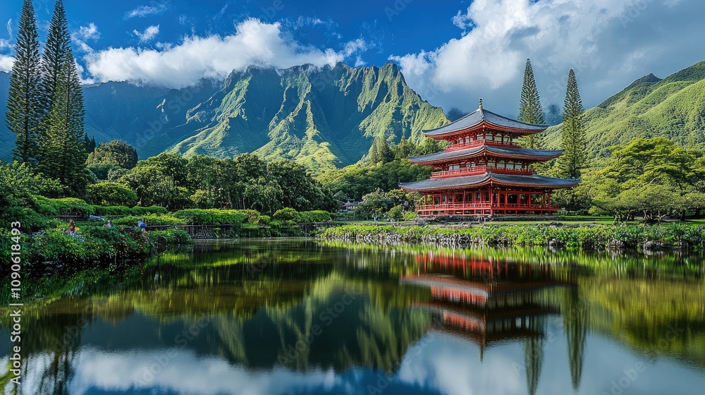 Fototapeta premium Serene Japanese Pavilion Surrounded by Lush Greenery and Majestic Mountains Under a Clear Blue Sky, Reflecting in a Tranquil Pond in a Picturesque Landscape
