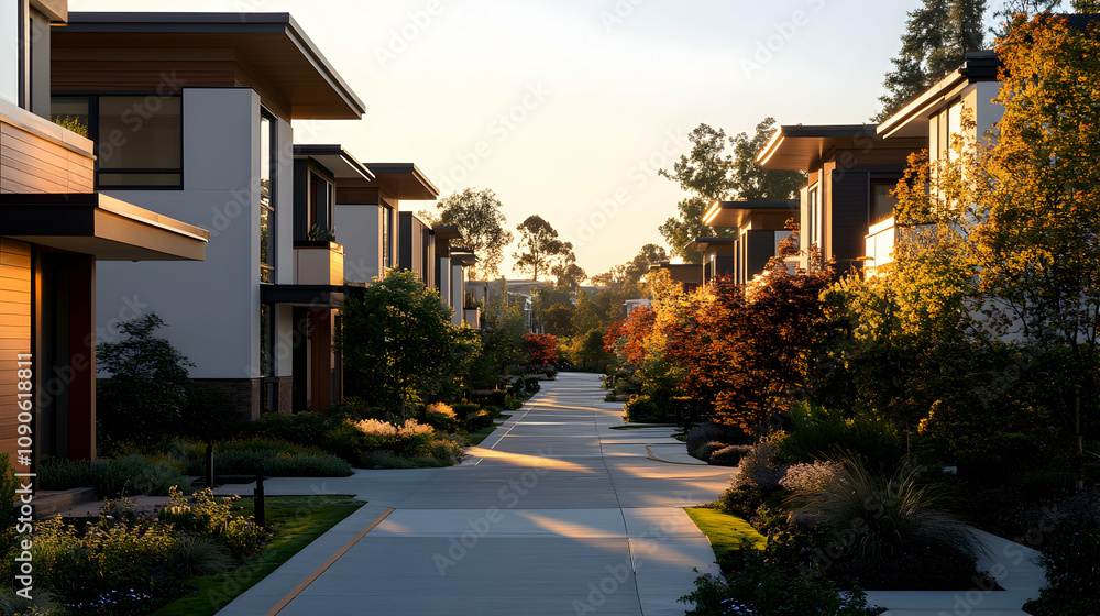 Obraz premium Sunlit Pathway Through Modern Homes with Lush Landscaping at Golden Hour