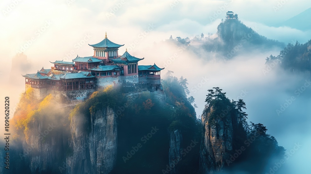 Fototapeta premium Majestic Mountain Temple Surrounded by Misty Landscape and Lush Greenery at Dawn with a Serene Atmosphere Enhancing the Tranquil Aura of Nature's Beauty