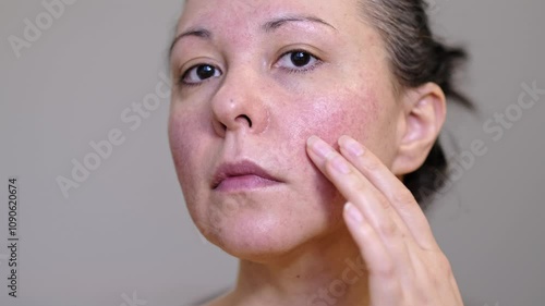 Detailed view of uneven skin with acne and pimples. Facial pores, blemishes, and natural texture. Concept of skin issues, treatments, and care for a healthy appearance.