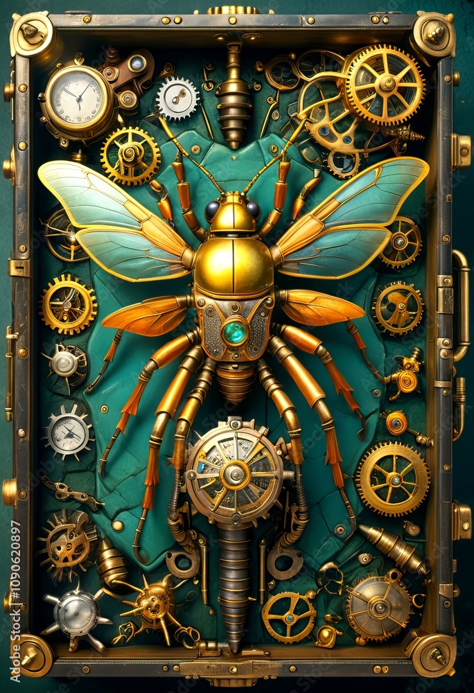 Fototapeta premium Steampunk Beebot: A Clockwork Insect - golden bee adorned with gears, cogs, and clockwork mechanisms. Its wings, made of translucent green glass. 2