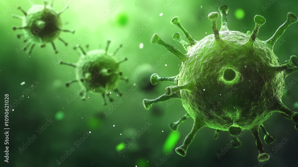 3D rendered virus illustration, a microscopic journey through the dark depths of biology, where light and shadow dance on the surface of a viral cell 3D rendered virus illustration, a microscopic journey through the dark depths of biology, where light and shadow dance on the surface of a viral cell