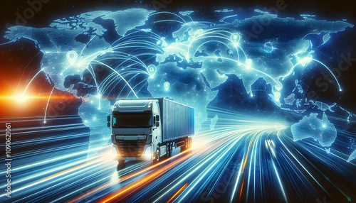 Logistic A concept of a digital truck driving along a world map with fast, glowing routes, showing the intersection of global logistics and supply chain management (2)
