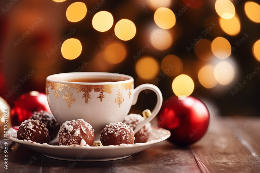 Fototapeta premium cup of hot chocolate with Christmas ornament, holiday atmosphere.
