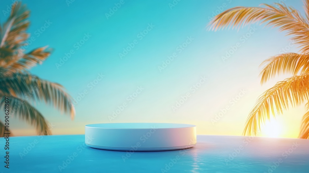 Obraz premium Serene tropical escape, white bowl on blue table with palm trees in background 