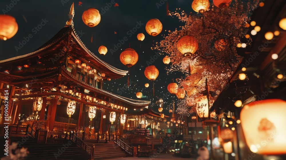 Obraz premium Beautiful Night Scene with Colorful Lanterns, Cherry Blossom Trees, and Traditional Chinese Architecture Celebrating a Festive Atmosphere in an Illuminated Cityscape