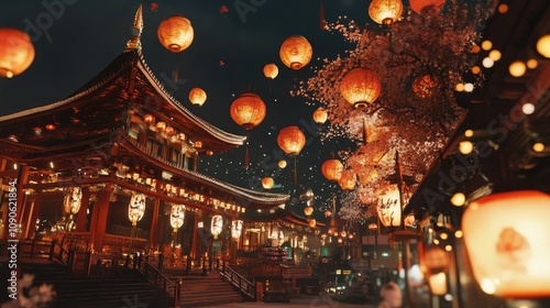 Wallpaper Mural Beautiful Night Scene with Colorful Lanterns, Cherry Blossom Trees, and Traditional Chinese Architecture Celebrating a Festive Atmosphere in an Illuminated Cityscape Torontodigital.ca
