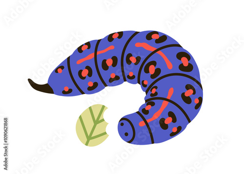 Caterpillar, thick larva with leaf food. Garden larval insect, centipede with fat body, stripes and spots pattern. Grub, maggot crawling. Colored flat vector illustration isolated on white background