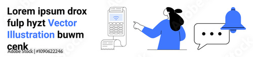 Text next to three elements person using a smartphone, message bubble, and notification bell. Ideal for technology, communication, alerts, messaging, user interface, mobile apps, notifications