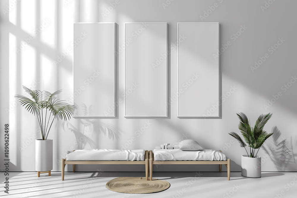 Fototapeta premium A serene and minimalist bedroom featuring a light wood bed and framed artwork on neutral walls, with soft sunlight and indoor plants.