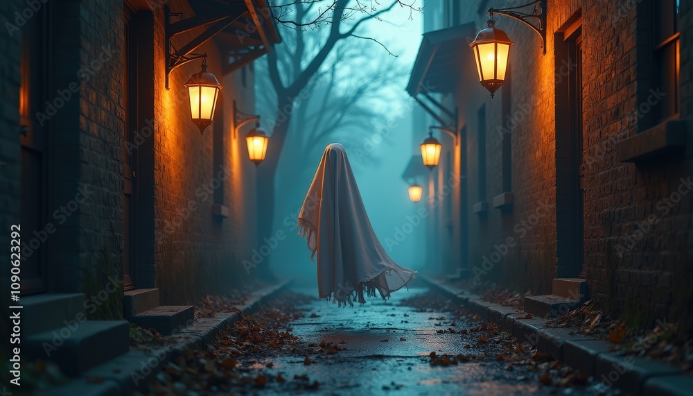 A ghostly figure drifting through a dark alley, glowing lanterns illuminating the way, and a blank center area for spooky Halloween messages. A ghostly figure drifting through a dark alley, glowing lanterns illuminating the way, and a blank center area for spooky Halloween messages.