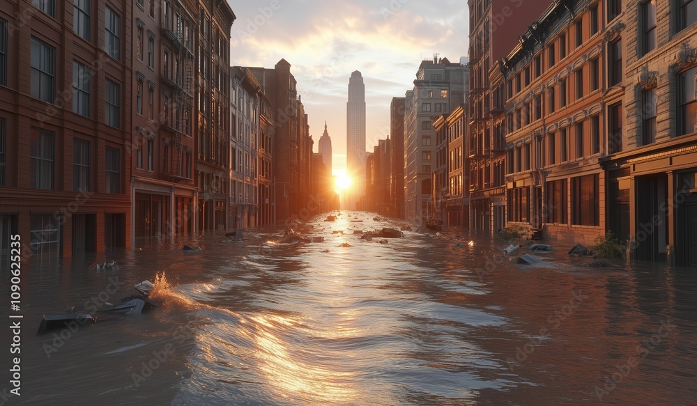 Fototapeta premium Flooded Urban Street at Sunset