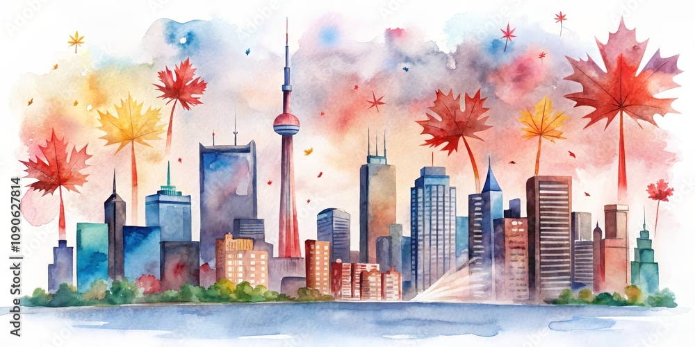 Naklejka premium Watercolor Skyline with Falling Autumn Leaves, Cityscape, Autumn , Canada