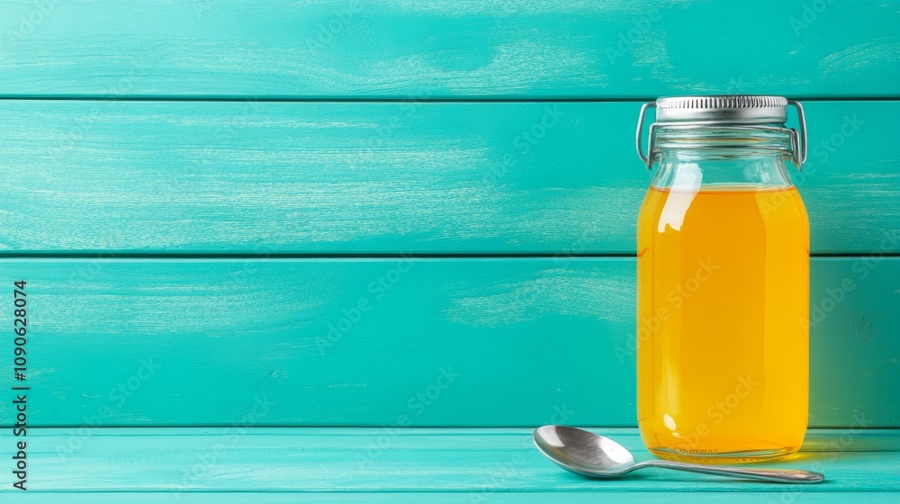 Obraz premium Glass of freshly squeezed orange juice with spoon, a healthy and refreshing start to your day