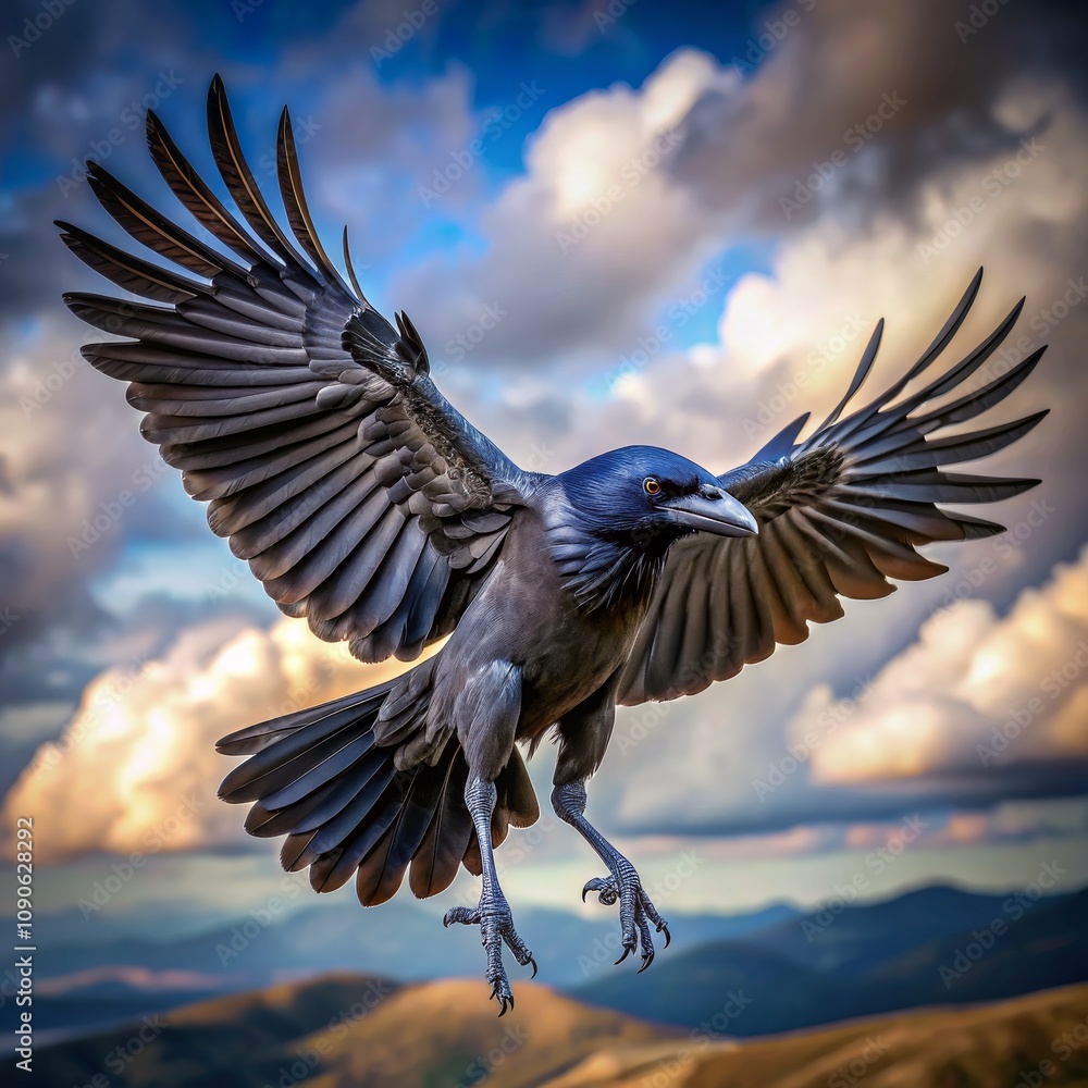 Obraz premium Dark Raven Soaring Through Clouds, Mountain Landscape, Bird of Prey, Raven