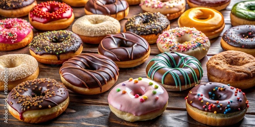 Wallpaper Mural A Dozen Donuts with Assorted Toppings on a Wooden Table, sweet, donut Torontodigital.ca