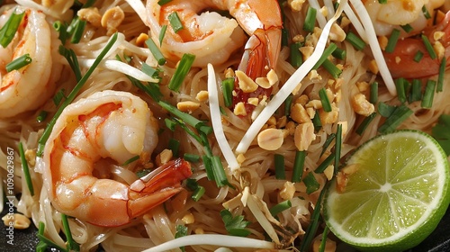 Tantalizing Asian inspired noodle dish featuring succulent shrimp fresh crunchy vegetables and a zesty lime accent creating a vibrant flavorful and nutritious culinary experience photo