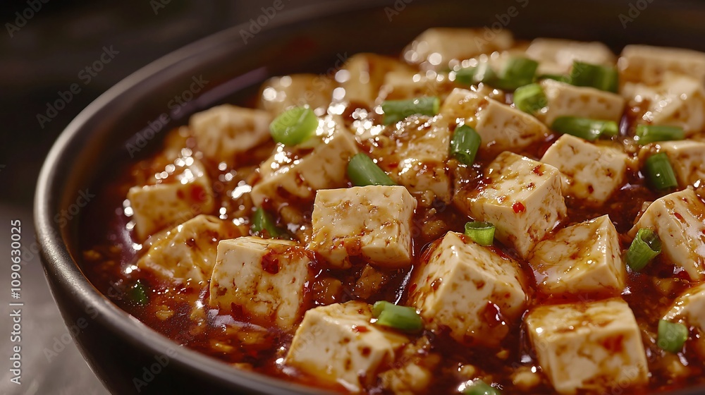 Naklejka premium Delectable Sichuan Style Mapo Tofu with Assorted Vegetables Cooked in Spicy Savory Sauce Served on a Plate Authentic Asian Cuisine Appetizing and Flavorful Dish