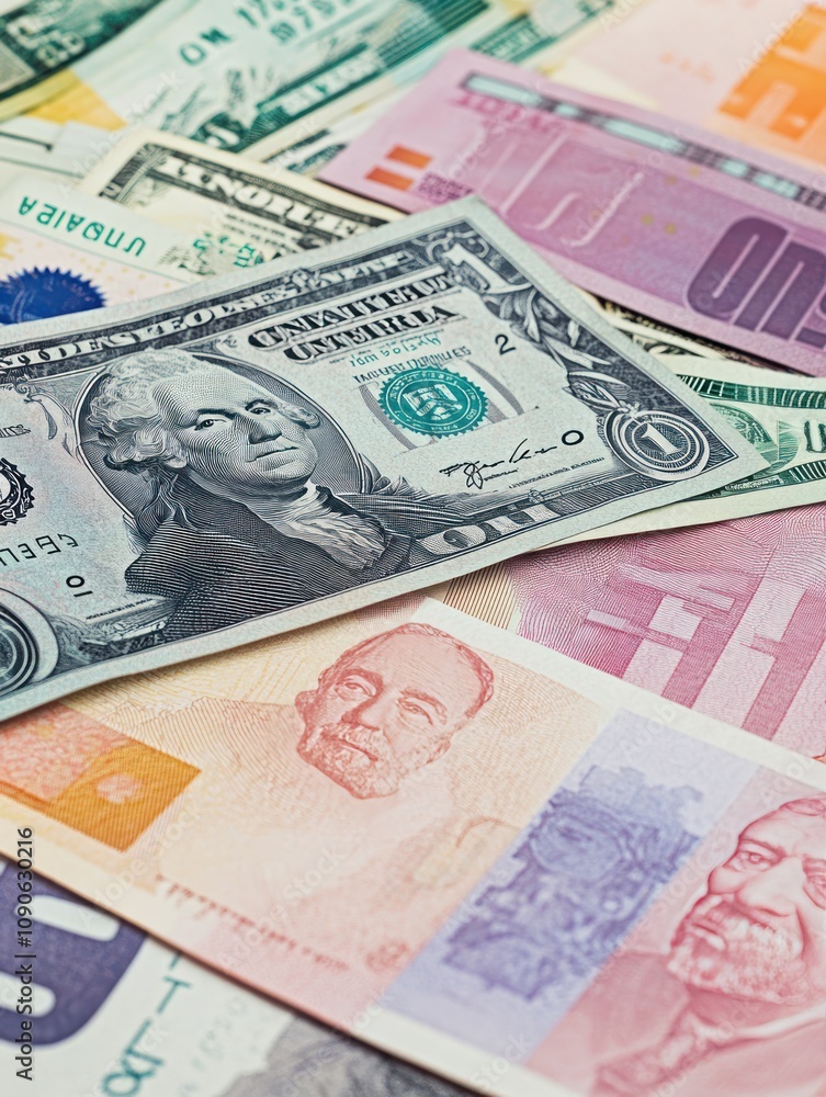 Fototapeta premium A collection of various currency notes from different countries arranged together.