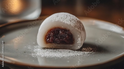 Close up of a freshly made traditional Japanese mochi dessert a soft and chewy rice based confection presented on a wooden plate and dusted with powdered sugar photo