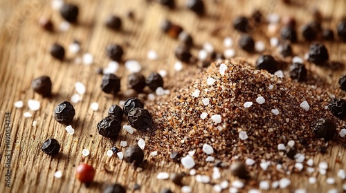 Assorted natural spices herbs and seasonings like salt pepper and sugar crystals on a rustic wooden surface  Closeup detailed view of various flavorful culinary ingredients