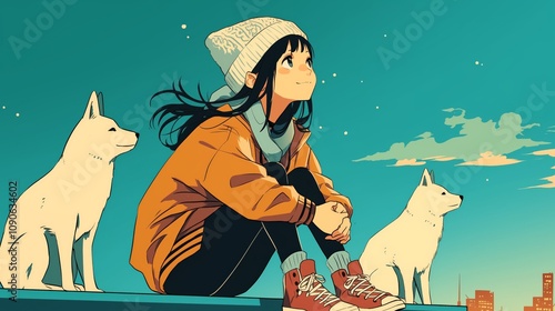 lofi girl wearing winter and a beanie hat, sits on the rooftop with two white husky dogs photo