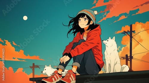 lofi girl wearing winter and a beanie hat, sits on the rooftop with two white husky dogs photo