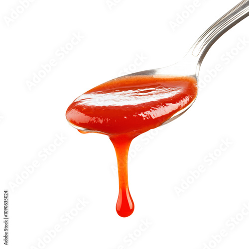 tomato or ketchup sauce flowing down from spoon isolated on transparent white background, clipping path