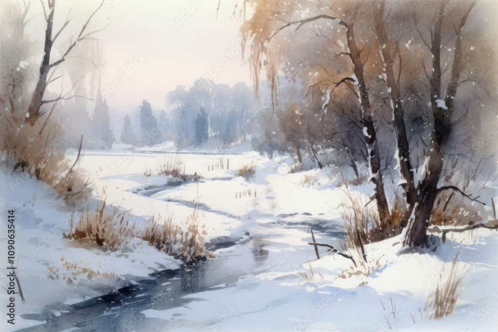 Fototapeta premium A winter landscape done in watercolor style. A small river with frozen sections meanders among snow-covered banks. 