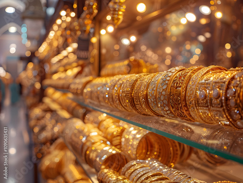 Ornate Gold Bangles Displayed in a Luxurious Jewelry Store, Glistening Under Warm Lights