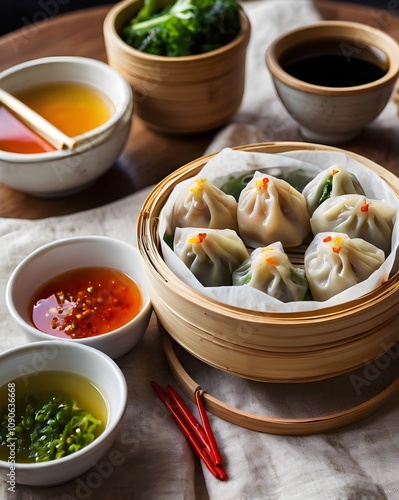 Delicious Steamed Dumplings, Asian Cuisine, Bamboo Steamer, Dipping Sauces. Generative AI photo