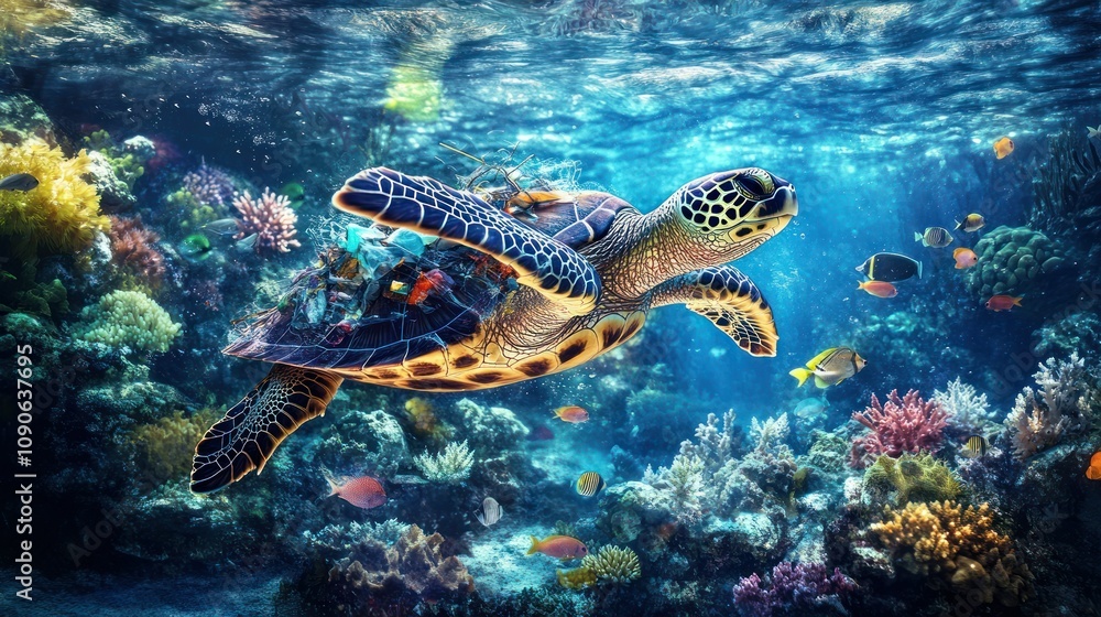 Fototapeta premium A sea turtle has difficulty swimming in water contaminated with plastic waste and debris background wallpaper AI generated image