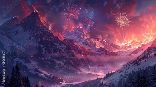 A breathtaking view of snow-capped mountains illuminated by a vibrant firework display. The sky is ablaze with color, creating a magical atmosphere. photo