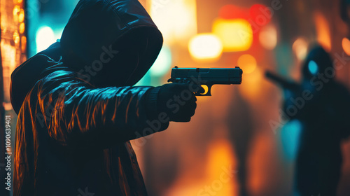 The thief is holding a gun and wants to shoot people.