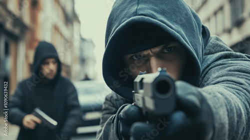 The thief is holding a gun and wants to shoot people.