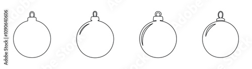 Set of simple black outlines of Christmas ornaments isolated on white background. Concept of minimalist decoration, holiday icon, festive symbol, bauble, Christmas design elements. Clip art. Print