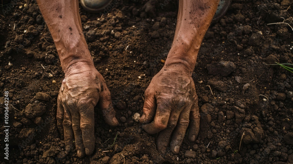Obraz premium Farmer Hands. Male Hands working on Dirty Soil with Land in Background